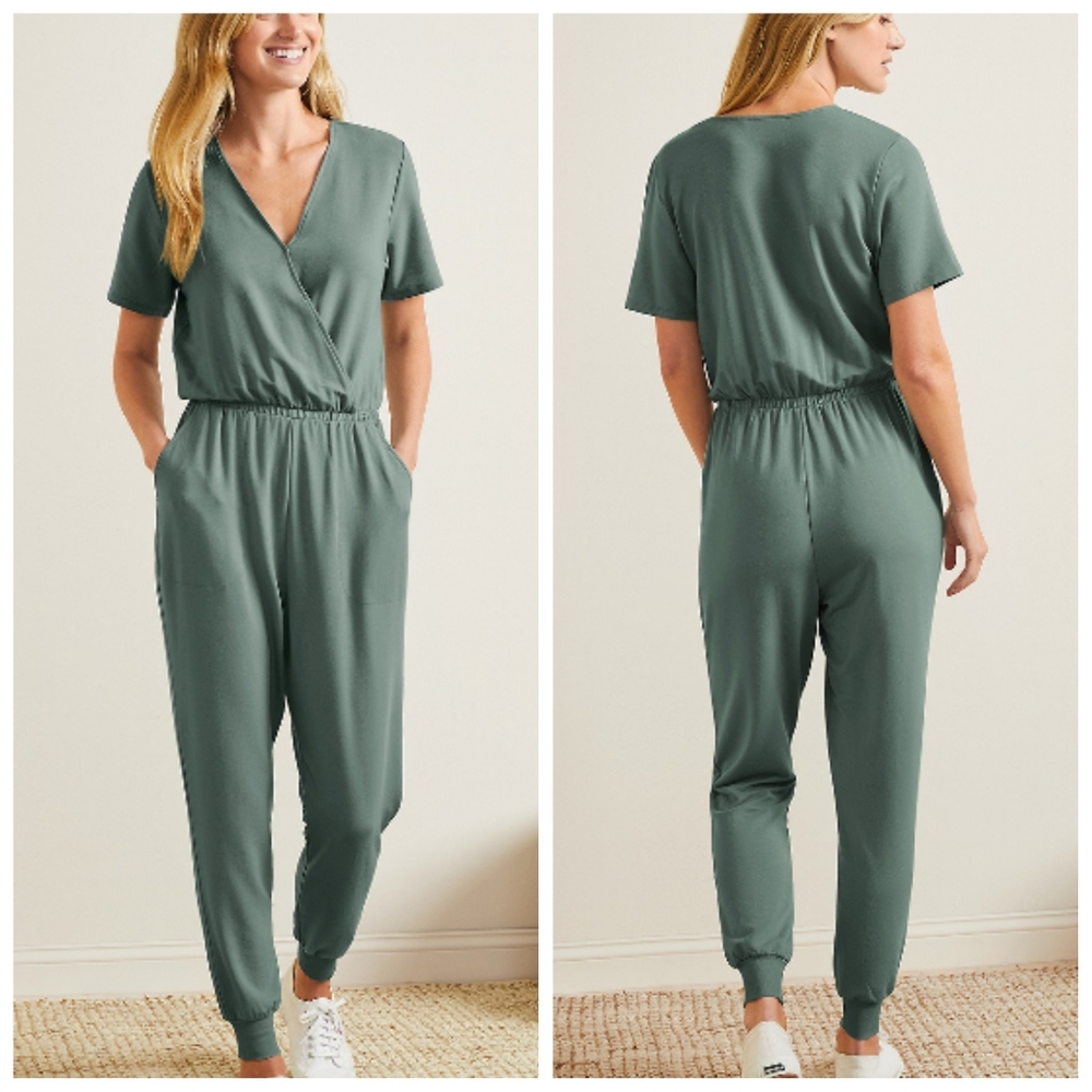 Garnet Hill Surplice Jogger Jumpsuit XL Green Romper Soft-stretch Loungewear